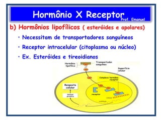 Hormônio X ReceptorProf. Emanuel
b) Hormônios lipofílicos ( esteróides e apolares)
• Necessitam de transportadores sanguíneos
• Receptor intracelular (citoplasma ou núcleo)
• Ex. Esteróides e tireoidianos
 