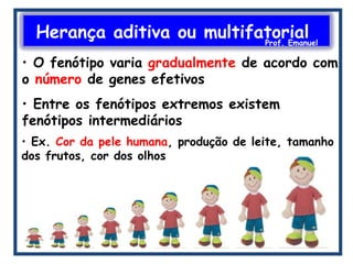 Herança aditiva ou multifatorialProf. Emanuel
• O fenótipo varia gradualmente de acordo com
o número de genes efetivos
• Entre os fenótipos extremos existem
fenótipos intermediários
• Ex. Cor da pele humana, produção de leite, tamanho
dos frutos, cor dos olhos
 