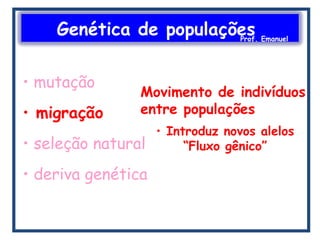 Genética de populaçõesProf. Emanuel
• mutação
• migração
• seleção natural
• deriva genética
Movimento de indivíduos
entre populações
• Introduz novos alelos
“Fluxo gênico”
 