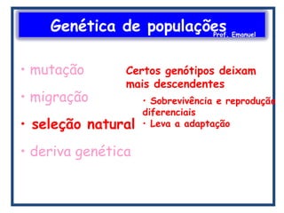 Genética de populaçõesProf. Emanuel
• mutação
• migração
• seleção natural
• deriva genética
Certos genótipos deixam
mais descendentes
• Sobrevivência e reprodução
diferenciais
• Leva a adaptação
 