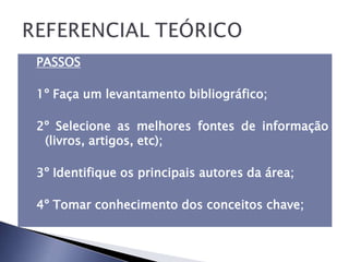 PASSOS

1º Faça um levantamento bibliográfico;

2º Selecione as melhores fontes de informação
 (livros, artigos, etc);

3º Identifique os principais autores da área;

4º Tomar conhecimento dos conceitos chave;
 