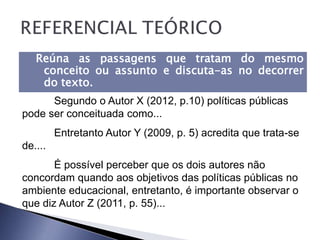 Reúna as passagens que tratam do mesmo
    conceito ou assunto e discuta-as no decorrer
    do texto.
      Segundo o Autor X (2012, p.10) políticas públicas
pode ser conceituada como...
         Entretanto Autor Y (2009, p. 5) acredita que trata-se
de....
       É possível perceber que os dois autores não
concordam quando aos objetivos das políticas públicas no
ambiente educacional, entretanto, é importante observar o
que diz Autor Z (2011, p. 55)...
 