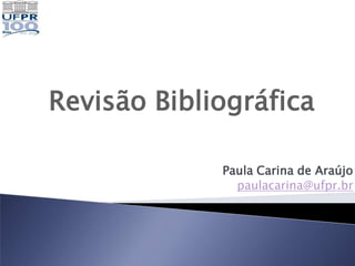 Revisão Bibliográfica

             Paula Carina de Araújo
               paulacarina@ufpr.br
 