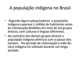 A população indígena no Brasil

• Segundo alguns pesquisadores a população
  indígena superava 1 milhão de habitantes antes
  da colonização,divididos em mais de mil grupos
  étnicos, com culturas e línguas diferentes.
• Ao contrário dos demais grupos étnicos a
  população indígena diminuiu com o passar dos
  tempos . No período de colonização a mão-de-
  obra indígena foi utilizada durante um longo
  período.
 