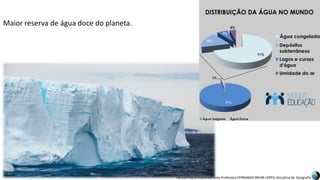 Apresentação elaborada pela Professora FERNANDA BRUM LOPES, disciplina de Geografia
Maior reserva de água doce do planeta.
 