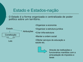 Estado e Estados-naçãoO Estado é a forma organizada e centralizada de poder político sobre um território. Organizar a economia