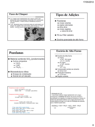 17/05/2012
6
Ca CO3 + calor (900 0C) ⇒ Ca O + CO2
Calcário + calor ⇒ cal virgem + gás carbônico
Produção da cal virgem ou calcinação
CaO + H2O => Ca (OH)2
Cal virgem + água => Cal extinta + calor
Produção de cal extinta ou apagada
Ca (OH)2 + CO2 ⇒ CaCO3 + H2O
Cal extinta + gás carbônico ⇒ Carbonato de cálcio + água
Reação da cal aérea
1ª Fase - gesso rápido ou gesso estuque
(CaSO4 + 2H2O) + calor = 150 0C ⇒ (CaSO4 + ½ H2O)
2ª Fase - gesso anidro solúvel
(CaSO4 + 2H2O) + 150 0C < calor < 300 0C ⇒ CaSO4
3ª Fase - gesso anidro insolúvel
(CaSO4 + 2H2O) + Calor > 300 0C ⇒ CaSO4
C3A aluminato tetracálcico
hidratado
• Hidratação do C3A :
O aluminato tricálcico reage rapidamente com a água,
começando a cristalizar-se dentro de poucos minutos e
aumentando, em seguida, os cristais em tamanho e número. A
mistura do aluminato tricálcico com a água para formar uma
massa plástica dá lugar a um calor de hidratação tão elevado,
que o material quase seca.
3CaOAl2O3 + CaO + 12H2O  Al2O3 . 4CaO . 12H2O
 