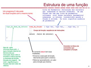 21
tipo_do_dado_de_retorno nome_da_função ( tipo var1, tipo var2,...,tipo varn ){
...
... Corpo da função: seqüência de instruções
...
return (valor de retorno);
}
Um programa C não pode
ter duas funções com o mesmo nome.
tipo do valor
(int,char,float,void,...)
que a função retorna no
término de sua
execução. Esse valor é
enviado à rotina que fez
a chamada da função
(função de origem). Se
void , significa que a
função não tem valor de
retorno
Consiste no bloco de
comandos que
compõem a função.
Lista de Parâmetros: Declaração das variáveis
que armazenam os valores recebidos. Se uma
função não tem uma lista de parâmetros
colocamos void: Essas variáveis (parâmetros)
armazenam os valores transmitidos quando a
função é ativada. Se void, significa ausência
de parâmetros
Estrutura de uma função
O comando return tem duas
finalidades:
•Encerrar a execução da função,
retornando para quem a chamou
•Retornar opcionalmente, um valor
para a função que chamou
 
