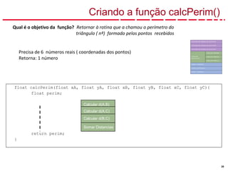 28
Criando a função calcPerim()
float calcPerim(float xA, float yA, float xB, float yB, float xC, float yC){
float perim;
return perim;
}
Precisa de 6 números reais ( coordenadas dos pontos)
Retorna: 1 número
Calcular d(A,B)
Calcular d(A,C)
Calcular d(B,C)
Somar Distancias
Qual é o objetivo da função? Retornar à rotina que a chamou o perímetro do
triângulo ( nº) formado pelos pontos recebidos
 