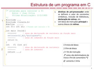 3
Estrutura de um programa em C
/* programa para calcular a f1
Autor : Joao Silva
Ultima Atualização: 2/2/1900
*/
#include ...
#include <locale.h>
#define .....
int f1( int a); //função que calcula o f1
int main (void){
------- 🡪 área de declaração de variáveis da função main
setlocale(LC_ALL,"portuguese");
------- 🡪 área de comandos da função main
return 0;
}
int f1 (int a){
------- 🡪 área de declaração de variáveis
------- 🡪 área de comandos
return ...;
}
{ 🡪 início de bloco
} 🡪 fim de bloco
; 🡪 fim de instrução
/* estes são delimitadores de
início e fim de comentário */
// comenta 1 linha
1. diretivas de pré-processador onde
se definem o valor de constantes
simbólicas, inclusão de bibliotecas,
declaração de rotinas, etc.
2. Um bloco de instruções principal e
outros blocos de rotinas.
1
2
 