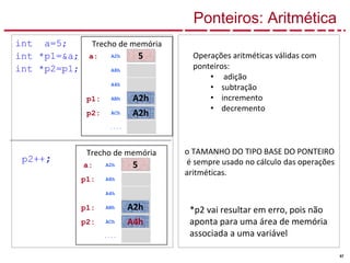 57
Ponteiros: Aritmética
int a=5;
int *p1=&a;
int *p2=p1;
p2++;
*p2 vai resultar em erro, pois não
aponta para uma área de memória
associada a uma variável
a: A2h
A8h
A4h
p1: ABh
p2: ACh
....
Trecho de memória
A2h
5
A2h
a: A2h
p1: A8h
A4h
p1: ABh
p2: ACh
....
Trecho de memória
A4h
5
A2h
o TAMANHO DO TIPO BASE DO PONTEIRO
é sempre usado no cálculo das operações
aritméticas.
Operações aritméticas válidas com
ponteiros:
• adição
• subtração
• incremento
• decremento
 