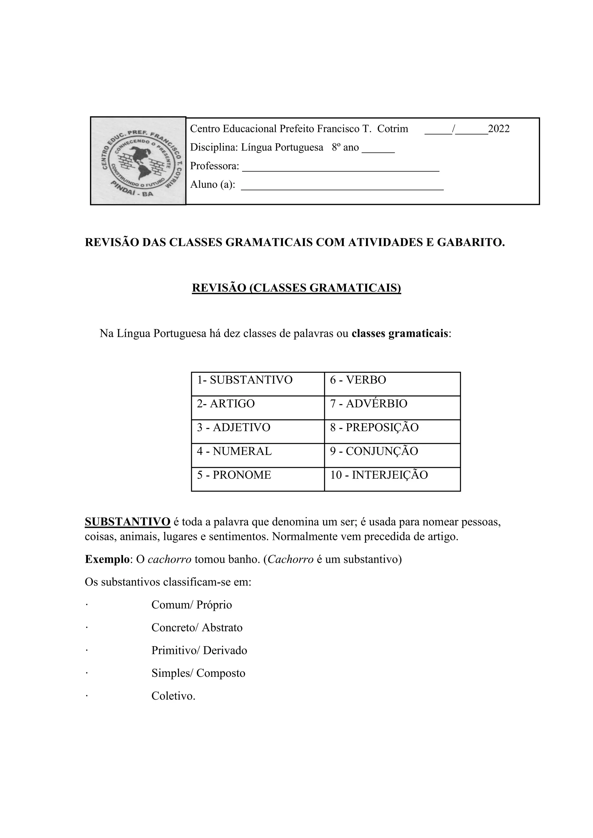 REVISÃO DAS CLASSES GRAMATICAIS COM ATIVIDADES E GABARITO.pdf