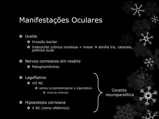 Manifestações Oculares
 Uveíte
 Invasão bacilar
 Iridociclite crônica insidiosa + miose  atrofia íris, catarata,
phthisis bulbi
 Nervos corneanos em rosário
 Patognomônicos
 Lagoftalmo
 VII NC
 ramos occipitotemporal e zigomático
 músculo orbicular
 Hipoestesia corneana
 V NC (ramo oftálmico)
Ceratite
neuroparalítica
 