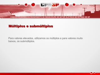 Múltiplos e submúltiplosMúltiplos e submúltiplos
Para valores elevados, utilizamos os múltiplos e para valores muito
baixos, os submúltiplos.
 