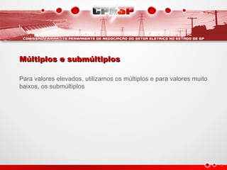 Múltiplos e submúltiplosMúltiplos e submúltiplos
Para valores elevados, utilizamos os múltiplos e para valores muito
baixos, os submúltiplos
 