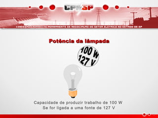 Potência da lâmpadaPotência da lâmpada
Capacidade de produzir trabalho de 100 W
Se for ligada a uma fonte de 127 V
 
