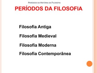 Filosofia Antiga
Filosofia Medieval
Filosofia Moderna
Filosofia Contemporânea
PERÍODOS DA HISTÓRIA DA FILOSOFIA
PERÍODOS DA FILOSOFIA
 