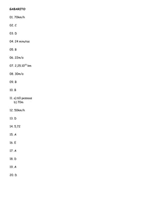 GABARITO
01. 70km/h
02. C
03. D
04. 24 minutos
05. B
06. 22m/s
07. 2,25.1019
km
08. 30m/s
09. B
10. B
11. a) 60 pessoas
b) 70m
12. 50km/h
13. D
14. 5,72
15. A
16. E
17. A
18. D
19. A
20. D
 