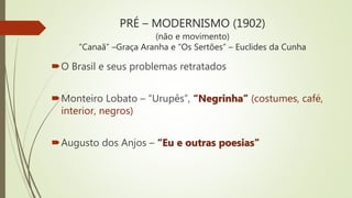 PRÉ – MODERNISMO (1902)
(não e movimento)
“Canaã” –Graça Aranha e “Os Sertões” – Euclides da Cunha
O Brasil e seus problemas retratados
Monteiro Lobato – “Urupês”, “Negrinha” (costumes, café,
interior, negros)
Augusto dos Anjos – “Eu e outras poesias”
 