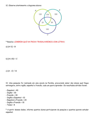 12. Observe atentamente o diagrama abaixo:
* Resolva: LEMBREM QUE NA PROVA TRABALHAREMOS COM LETRAS
a) (A∩C) – B
b) (A U B) ∩ C
c) (A - C) ∩ B
13. Uma pesquisa foi realizada em uma escola na Paraíba, procurando saber dos alunos qual língua
estrangeira, entre inglês, espanhol e francês, cada um queria aprender. Os resultados obtidos foram:
- Espanhol = 40
- Inglês = 30
- Francês = 30
- Inglês e Espanhol = 10
- Espanhol e Francês = 20
- Inglês e Francês = 10
- Todas = 8
* A partir desses dados, informe quantos alunos participaram da pesquisa e quantos querem estudar
espanhol.
 