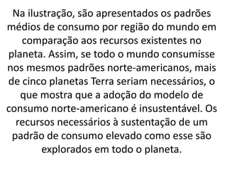 Na ilustração, são apresentados os padrões
médios de consumo por região do mundo em
comparação aos recursos existentes no
planeta. Assim, se todo o mundo consumisse
nos mesmos padrões norte-americanos, mais
de cinco planetas Terra seriam necessários, o
que mostra que a adoção do modelo de
consumo norte-americano é insustentável. Os
recursos necessários à sustentação de um
padrão de consumo elevado como esse são
explorados em todo o planeta.
 