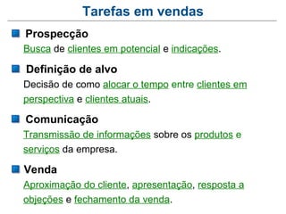 Tarefas em vendas
Prospecção
Busca de clientes em potencial e indicações.

Definição de alvo
Decisão de como alocar o tempo entre clientes em
perspectiva e clientes atuais.

Comunicação
Transmissão de informações sobre os produtos e
serviços da empresa.

Venda
Aproximação do cliente, apresentação, resposta a
objeções e fechamento da venda.
 