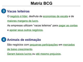 Matriz BCG
3 Vacas leiteiras
  O negócio é líder, desfruta de economias de escala e de
  maiores margens de lucro.
  As empresas utilizam “vacas leiteiras” para pagar as contas
  e apoiar seus outros negócios.


4 Animais de estimação
  São negócios com pequenas participações em mercados
  de baixo crescimento.
  Geram baixos lucros ou até mesmo prejuízos.
 