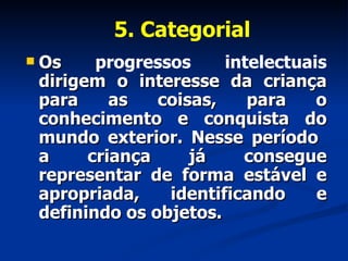 5. Categorial Os  progressos intelectuais  dirigem o interesse da criança para as coisas, para o conhecimento e conquista do mundo exterior.  Nesse período  a criança já consegue representar de forma estável e apropriada, identificando e definindo os objetos.  