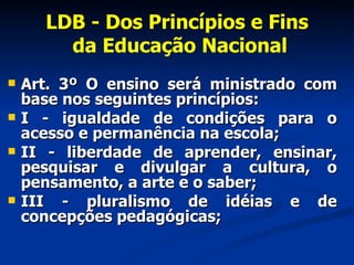 LDB - Dos Princípios e Fins  da Educação Nacional Art. 3º O ensino será ministrado com base nos seguintes princípios:  I - igualdade de condições para o acesso e permanência na escola;  II - liberdade de aprender, ensinar, pesquisar e divulgar a cultura, o pensamento, a arte e o saber; III - pluralismo de idéias e de concepções pedagógicas;   
