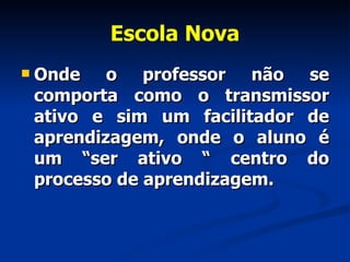 Escola Nova Onde o professor não se comporta como o transmissor ativo e sim um facilitador de aprendizagem, onde o aluno é um “ser ativo “ centro do processo de aprendizagem.  