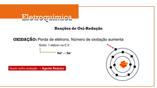 Eletroquímica
Eletroquímica
Reações de Oxi-Redução
OXIDAÇÃO: Perda de elétrons. Número de oxidação aumenta
Sódio: 1 elétron na C.V
Na0
→ Na+
Quem sofre oxidação → Agente Redutor
 