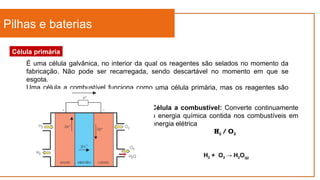 Pilhas e baterias
Célula primária
É uma célula galvânica, no interior da qual os reagentes são selados no momento da
fabricação. Não pode ser recarregada, sendo descartável no momento em que se
esgota.
Uma célula a combustível funciona como uma célula primária, mas os reagentes são
fornecidos continuamente.
Célula a combustível: Converte continuamente
a energia química contida nos combustíveis em
energia elétrica
H2 / O2
H2 + O2 → H2O(g)
 