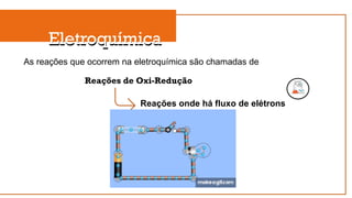 Eletroquímica
Eletroquímica
As reações que ocorrem na eletroquímica são chamadas de
Reações de Oxi-Redução
Reações onde há fluxo de elétrons
 