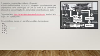O esquema representa o ciclo do nitrogênio:
A chuva ácida interfere no ciclo do nitrogênio, principalmente, por
proporcionar uma diminuição do pH do solo e da atmosfera,
alterando a concentração dos compostos presentes nesse ciclo.
Disponível em: http://scienceprojectideasforkids.com. Acesso em:
6 ago. 2012 (adaptado).
Em um solo de menor pH, será favorecida a formação de:
a N2
b. NH3
c. NH4
+
d. NO2
-
e. NO3
-
 