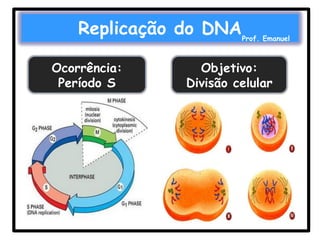 Replicação do DNA
Ocorrência:
Período S

Prof. Emanuel

Objetivo:
Divisão celular

 