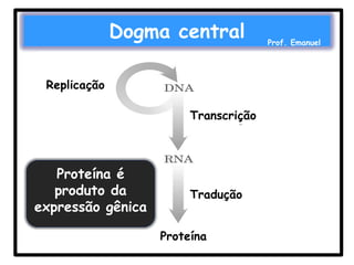 Dogma central
Replicação

Transcrição

Proteína é
produto da
expressão gênica

Tradução
Proteína

Prof. Emanuel

 
