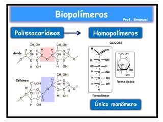 Biopolímeros
Polissacarídeos

Prof. Emanuel

Homopolímeros

Único monômero

 