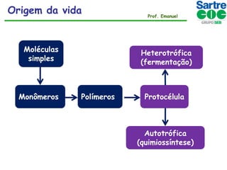 Origem da vida

Moléculas
simples

Monômeros

Prof. Emanuel

Heterotrófica
(fermentação)

Polímeros

Protocélula

Autotrófica
(quimiossíntese)

 