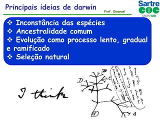 Principais ideias de darwin

Prof. Emanuel

 Inconstância das espécies
 Ancestralidade comum
 Evolução como processo lento, gradual
e ramificado
 Seleção natural

 
