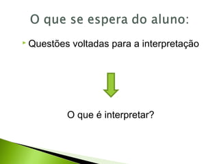  Questões voltadas para a interpretação
O que é interpretar?
 