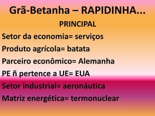 AlemanhaContém jazidas de minerais localizadas a oeste do paísForça de trabalho organizada e disciplinada;Depende economicamente de suas exportações (carros, maquinários, produtos químicos e têxteis);Não é autossuficiente na produção de alimentos, importando de outros países;Realiza diversas feiras internacionais, expondo seus lançamentos (tecnologia, informações, telecomunicação, software);Indústria alemã: Siderúrgico, naval, eletrônico, far