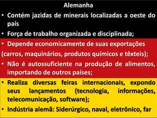 FRANÇAPaís de elevada industrialização e forte setor agropecuário;Montadoras = Renault,        Citroen e Peugeot;Têxtil = várias grifes de         alta costura;Turismo = País mais               visitado do mundo;Agropecuária = trigo, beterraba (açúcar), batata, uvas, carne e pescado.		CLIMA BOM;Produtora de vinhos		para o mundo todo;Utiliza energia limpa e renovável (elétrica, geotermia, solar, eólica e das marés)