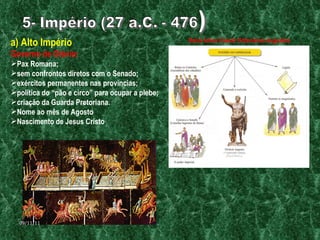 a) Alto Império Governo de Otávio: Pax Romana;  sem confrontos diretos com o Senado; exércitos permanentes nas províncias; política do “pão e circo” para ocupar a plebe; criação da Guarda Pretoriana. Nome ao mês de Agosto Nascimento de Jesus Cristo  Gaius Iulius Caesar Octavianus Augustus 09/11/11 