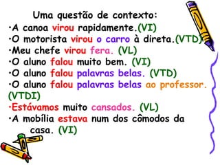 Uma questão de contexto: A canoa  virou  rapidamente. (VI) O motorista  virou   o carro  à direta. (VTD) Meu chefe  virou   fera.   (VL) O aluno  falou  muito bem.  (VI) O aluno  falou   palavras belas.   (VTD) O aluno  falou   palavras belas   ao professor.   (VTDI) Estávamos  muito  cansados.   (VL) A mobília  estava   num dos cômodos da  casa.  (VI) 
