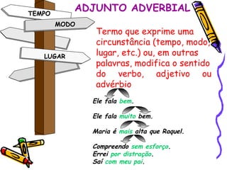 TEMPO MODO LUGAR ADJUNTO ADVERBIAL Termo que exprime uma circunstância (tempo, modo, lugar, etc.) ou, em outras  palavras, modifica o sentido do verbo, adjetivo ou advérbio Ele fala  bem . Ele fala  muito  bem. Maria é  mais  alta que Raquel. Compreendo  sem esforço . Errei  por distração . Saí  com meu pai . 