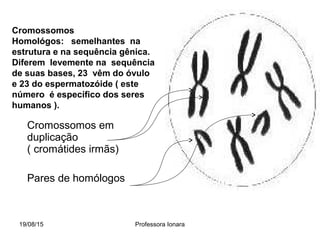 Cromossomos
Homológos: semelhantes na
estrutura e na sequência gênica.
Diferem levemente na sequência
de suas bases, 23 vêm do óvulo
e 23 do espermatozóide ( este
número é específico dos seres
humanos ).
Cromossomos em
duplicação
( cromátides irmãs)
Pares de homólogos
19/08/15 Professora Ionara
 