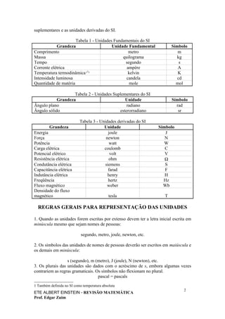 suplementares e as unidades derivadas do SI.

                      Tabela 1 - Unidades Fundamentais do SI
            Grandeza                     Unidade Fundamental              Símbolo
Comprimento                                      metro                       m
Massa                                         quilograma                     kg
Tempo                                          segundo                        s
Corrente elétrica                               ampère                       A
Temperatura termodinâmica (1)                    kelvin                      K
Intensidade luminosa                            candela                      cd
Quantidade de matéria                             mole                      mol

                    Tabela 2 - Unidades Suplementares do SI
            Grandeza                          Unidade                     Símbolo
Ângulo plano                                   radiano                      rad
Ângulo sólido                              esterorradiano                    sr

                           Tabela 3 - Unidades derivadas do SI
         Grandeza                       Unidade                    Símbolo
Energia                                   joule                       J
Força                                    newton                       N
Potência                                   watt                       W
Carga elétrica                          coulomb                       C
Potencial elétrico                         volt                       V
Resistência elétrica                       ohm                        Ω
Condutância elétrica                    siemens                       S
Capacitância elétrica                     farad                       F
Indutância elétrica                       henry                       H
Freqüência                                hertz                      Hz
Fluxo magnético                           weber                      Wb
Densidade do fluxo
magnético                                    tesla                    T

  REGRAS GERAIS PARA REPRESENTAÇÃO DAS UNIDADES

1. Quando as unidades forem escritas por extenso devem ter a letra inicial escrita em
minúscula mesmo que sejam nomes de pessoas:

                            segundo, metro, joule, newton, etc.

2. Os símbolos das unidades de nomes de pessoas deverão ser escritos em maiúscula e
os demais em minúscula:

                  s (segundo), m (metro), J (joule), N (newton), etc.
3. Os plurais das unidades são dados com o acréscimo de s, embora algumas vezes
contrariem as regras gramaticais. Os símbolos não flexionam no plural.
                                   pascal = pascals
1 Também definida no SI como temperatura absoluta
                                                                                 2
ETE ALBERT EINSTEIN - REVISÃO MATEMÁTICA
Prof. Edgar Zuim
 