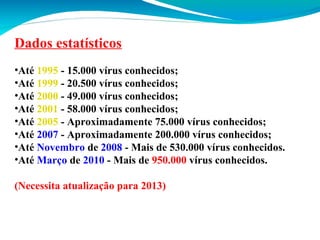 Dados estatísticos
•Até 1995 - 15.000 vírus conhecidos;
•Até 1999 - 20.500 vírus conhecidos;
•Até 2000 - 49.000 vírus conhecidos;
•Até 2001 - 58.000 vírus conhecidos;
•Até 2005 - Aproximadamente 75.000 vírus conhecidos;
•Até 2007 - Aproximadamente 200.000 vírus conhecidos;
•Até Novembro de 2008 - Mais de 530.000 vírus conhecidos.
•Até Março de 2010 - Mais de 950.000 vírus conhecidos.
(Necessita atualização para 2013)

 