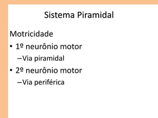 Sistema Piramidal
Motricidade
• 1º neurônio motor
–Via piramidal
• 2º neurônio motor
–Via periférica
 