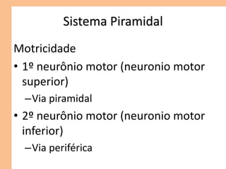 Sistema Piramidal
Motricidade
• 1º neurônio motor (neuronio motor
superior)
–Via piramidal
• 2º neurônio motor (neuronio motor
inferior)
–Via periférica
 